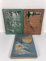 Photo shows three hardcover illustrated books ('Picturesque Spots of the North', 'The Easternmost Ridge of the Continent', 'Canadian Pictures') arranged upright and flat on a white surface.