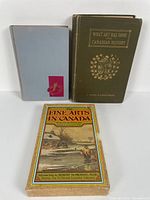 Three Canadian art history books displayed together: a green hardbound book, a grey hardbound book, and a softcover book in a slipcase.