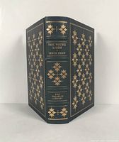 Front cover and spine of the leather bound book decorated with gold foil ornate patterns and text.