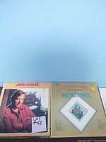 Six vinyl LP records laid out in two photos showing front covers of various artists.