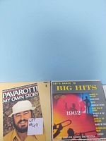 Two vinyl records, Pavarotti 'My Own Story' and 'Let's Dance to Big Hits 1962' compilation album.