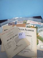 Lot showing a group of vintage sheet music pieces with visible titles such as 'Sing Me to Sleep', 'Eileen Alannah', and others, all inside plastic protective sleeves.