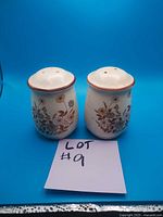 Front view showing floral decoration on ceramic salt and pepper shakers