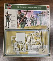 Front of the Airfix British 95th Rifleman 1815 model kit packaging showing detailed artwork and visible plastic sprues inside sealed blister pack.