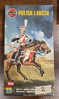 Box front of Airfix Polish Lancer 54mm model kit featuring box art of mounted lancer on horse.