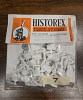 Photo of the original sealed plastic bag containing unassembled white plastic miniatures with terminal card label 'Historex' and Royal Highland Black Watch 42nd Regiment printed on it.