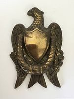 Photo front view of the antique brass door knocker shaped like an eagle with a shield on its chest.
