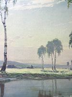View of the print showing a pond, distant trees, sky, and landscape details to show the overall art scene.