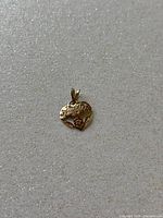 Full view of heart-shaped gold pendant charm with #1 Daughter inscription and rose gold flower detail against a light glittery background.