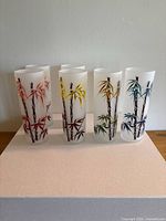 Front view of 6 frosted glass tumblers showing red, yellow, green, blue bamboo motifs.