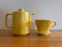 Front view of yellow Melitta coffee pot with lid and drip cone side by side on wooden surface.