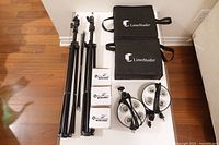 Stands, softbox bags, bulb boxes, lamp holders overview