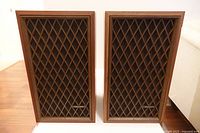 Front view of speaker pair showing lattice grills