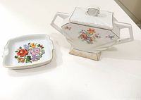 Sugar bowl with lid and candy dish side by side