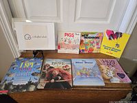 Photo showing all eight books laid out in one image including the framed print.