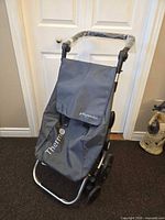 Front view of the gray insulated cooler trolley showing the Thermo and Playmarket logos, flap covering main storage compartment, handle wrapped in plastic.