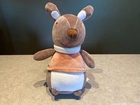 Front view of plush rabbit soft toy standing on a flat surface showing its overall shape, upright ears, and stitched facial features.