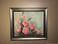 Frontal view of framed oil painting showing pink roses bouquet on textured background.