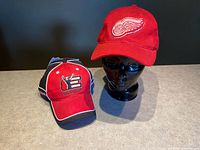 Two red baseball caps shown side by side on a surface, one Detroit Red Wings with embroidered winged wheel logo, the other Dale Earnhardt NASCAR in red and black with signature and number 3 embroidery.