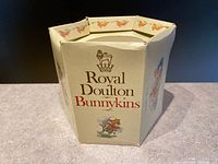 Hexagonal Royal Doulton Bunnykins branded box showing the top and side with Bunnykins character decoration and logo, indicating original packaging.