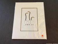 Front view of the factory-sealed matted print showing three stylized Canada geese artwork titled "Friends" by Benjamin Chee Chee. Print is behind a clear protective wrap with original sticker on bottom right corner.