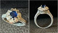 Front and side views of the sterling silver ring showing deep blue center stone and clear accent halo with intricate filigree metalwork and beaded textured band.