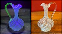 Two views of the uranium glass ewer showing the glowing effect under UV light and the swirl pattern, ruffled rim and handle detail.