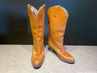 Front view of the pair of tan leather cowboy boots showing their shape, toe, heel, and decorative stitching.