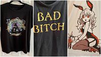 Three items displayed; Pink Floyd black tee with rainbow prism graphic, black tank with gold foil text, and white oversized anime bunny girl tee.