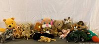 Front view of assorted plush toys lined up including teddy bears, yellow bear, and various animals.