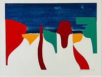 Close-up photo of the abstract print showing vibrant areas of red, orange, green, and blue with artist signature and edition number visible in lower right corner.