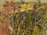 Close-up of painting showing stylized floral landscape with prominent yellow lilies and green foliage.