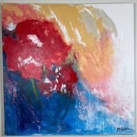 Front view of acrylic painting on canvas with colorful abstract floral design, signature visible in lower right corner, 36.5x36.5 inches.