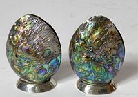 Pair of mother of pearl salt and pepper shakers standing side by side, showing iridescent colors and silver bases, photographed on white background.