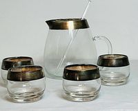 Photo showing the 40oz bulbous glass pitcher with silver band rim, handle, and glass stirrer, along with four matching bulbous glasses each with wide silver band rims.