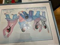 Framed art print showing stylized figures in winter clothing with visible blue wooden frame and white/light blue double matting.