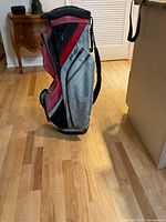 Side view of red, gray, and black Ping golf cart bag showing profile and strap.