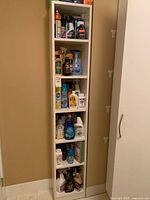 Full view of shelving unit stocked with multiple bottles and containers of cleaning products, showing various brands and types including spray bottles, liquids, and boxes.
