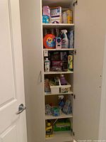 Cleaning cabinet with various cleaning supplies on shelves including detergents, sprays, wipes, pads, and cleaning accessories.