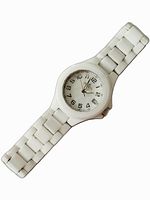 Front view of white ceramic Invicta wristwatch showing dial and bracelet