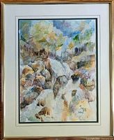 Framed watercolour artwork showing full view including mat and frame