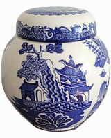 Jar front showing blue willow pattern and lid