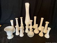 All 17 milk glass pieces displayed together