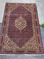 Overall view of the rectangular rug with central hexagonal medallion
