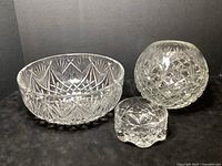 Group photo showing all three crystal bowls together: large Waterford Verona bowl, large rose bowl with diamond cuts, and small nut bowl.