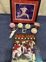 Photo showing all items in the Boston Red Sox memorabilia lot including baseballs, figurine, shot glass, framed photo, and book.