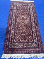 Full view of handwoven wool rug with geometric and floral Persian/Oriental-style patterns, primarily red, navy blue, cream, gold, and black.