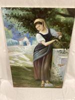 Front shot of the signed oil painting depicting a woman with a basket outdoors, showing clear view of the artwork and signature.