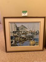 Front view of framed shipyard painting showing entire artwork and frame.