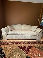 Front view of vintage tweed fabric sleeper sofa with two cushions on a patterned rug against a brown wall.